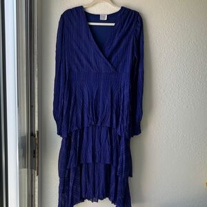 Siren Lily Deep Blue Tiered V-Neck Long Sleeve Dress